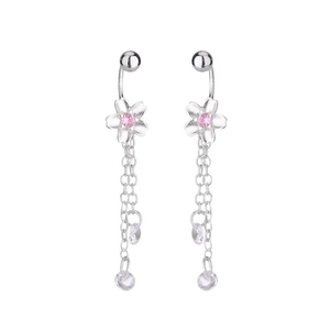 Silver cherry blossom tassel belly ring with pink zircon and teardrop crystal pendants