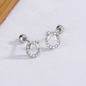 Silver bow stud earring with bead wreath design and secure screw-back closure