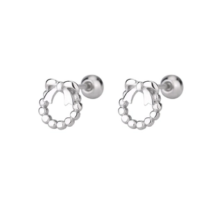 S925 silver bow stud earrings with beaded hoop design and screw back ball closures