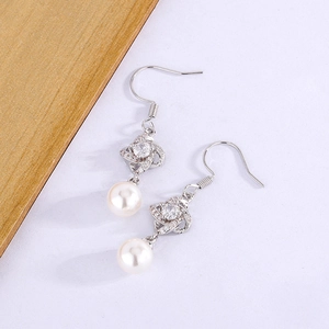Elegant silver clover drop earrings with micro-pave crystals and white pearls for women