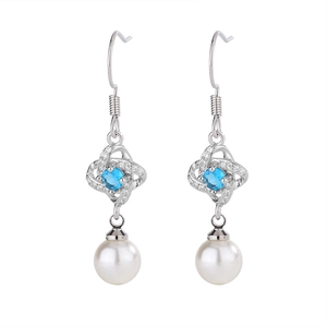 Silver four-leaf clover drop earrings with blue crystal and white pearls for women