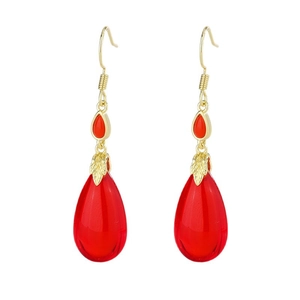 Vintage red teardrop carnelian earrings with gold leaf accents and sparkling zircon detail