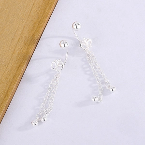 Detail of silver crown drop earrings with elegant long tassel and delicate metal beads