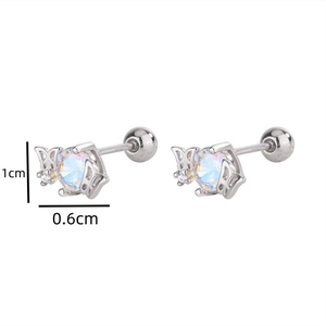 Detail view of butterfly ear studs with opal stone and screw back sizing dimensions