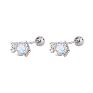 Macro shot of S925 silver butterfly screw-back studs with radiant moonstone center