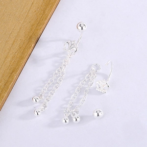 Silver crown navel ring with long beaded tassels and screw-on ball closure design