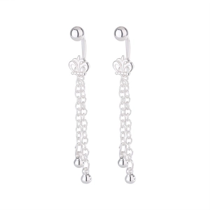 Elegant silver crown belly button ring with long tassel ball chain dangle charms