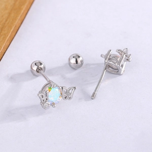 Rainbow moonstone butterfly stud earrings with screw back design in polished silver finish