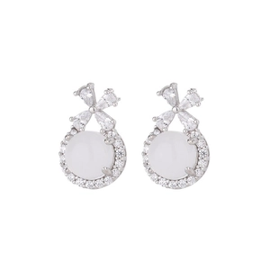 Elegant bow stud earrings with white chalcedony and sparkling crystal accents
