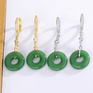 Orecchini Pendenti In Rame Con Ciambella In Finta Giada Verde E Zirconia Perno In Argento Stile Cinese Vintage Donna