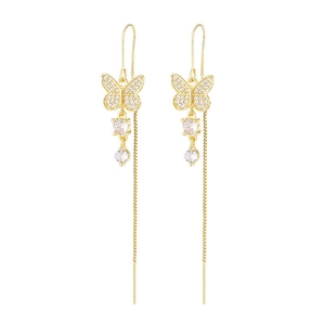 Elegant gold butterfly tassel threader earrings with white zircon micro-pave crystals