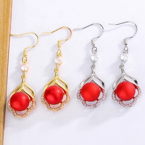 Boucles D'oreilles Pendantes Perle Rouge Cuivre Avec Zircone Bouton De Fleur Creux Bijoux De Nouvel An Pour Femmes