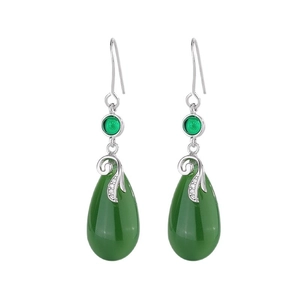Elegant Chinese style long teardrop earrings with green jade-like stones and silver metal hooks
