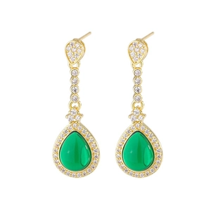 Elegant gold-plated pear-cut green jade drop earrings with cubic zirconia halo stones