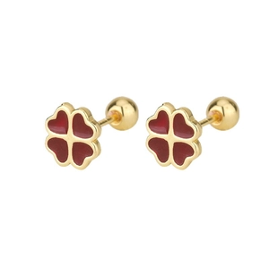 Elegant gold-plated four-leaf clover stud earrings with red enamel heart petals