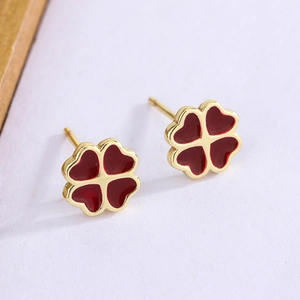Orecchini A Lobo Quadrifoglio Portafortuna Rame Placcato Oro Smalto Rosso Forma Di Cuore Gioielli Eleganti Per Donna
