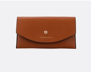 Brown envelope-style clutch bag with gold snap closure and Fashion & Bags text detail