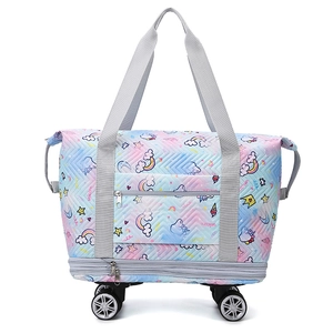 Unicorn pattern rolling travel tote with wheels and pink blue gradient quilted fabric