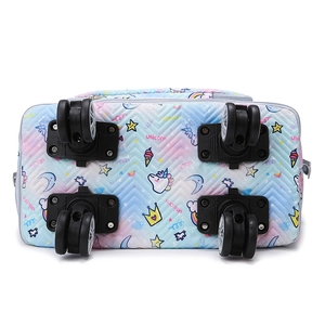 Expandable travel tote bag with four 360-degree swivel wheels and quilted unicorn pattern