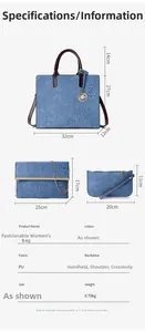 Detailed size chart for the three-piece tote bag set with precise dimensions and specifications