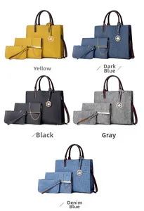 Detailed view of large tote bag sets in yellow, dark blue, black, grey and denim blue