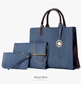 Three-piece dark blue tote bag set with chain clutch and wallet in denim texture