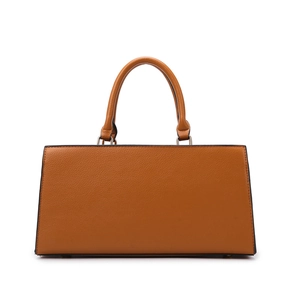 Brown lychee grain leather tote bag with top handles and silver hardware on white background