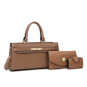Three-piece brown lychee leather handbag set with turn-lock and pearl buckle detail