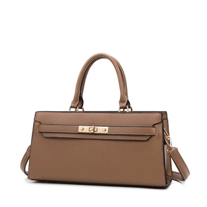 Brown lychee leather tote bag with gold hardware lock and adjustable shoulder strap