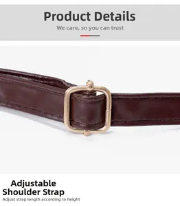 Macro shot of dark brown PU leather adjustable shoulder strap with golden metal buckle