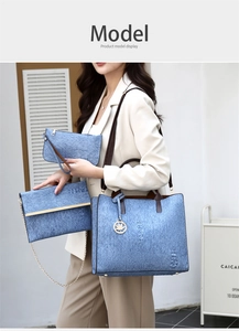 Detailed set of three blue denim texture bags featuring a tote, crossbody, and clutch