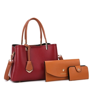 Three-piece women handbag set including burgundy tote, brown wallet and card holder