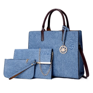 Women Denim Texture PU Leather Large Capacity Tote Bag And Chain Crossbody Bag And Wristlet Pouch Retro Fashion Casual