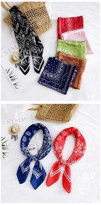 Detail of colorful paisley pattern square scarves with various styling and wearing options