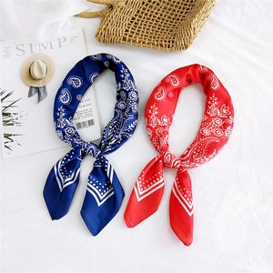 Classic paisley pattern square neck scarf in navy blue and red silk-like fabric