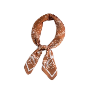 Caramel brown paisley silk scarf for women featuring a vintage floral pattern