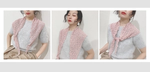 Detailed views of dusty pink lace triangle scarf showing hollow crochet and elegant edges