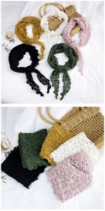 Detailed macro view of crochet lace scarves in various colors on a linen background