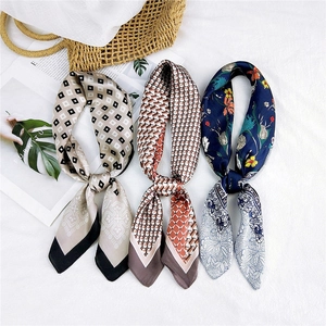 Three-piece set of silk satin square scarves with geometric and floral artistic patterns