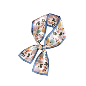 Floral print blue twilly silk scarf with pear and berry illustrations for handbags