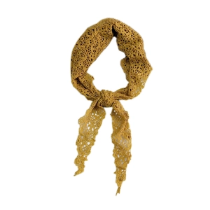 Ginger yellow lace crochet neckerchief with hollow floral pattern on white background