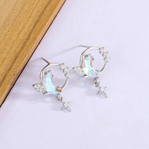 Elegant S925 silver star and moon earrings with blue crystal and zircon stones