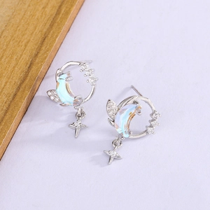 S925 silver crescent moon and star earrings with pavé zircons and opal stones