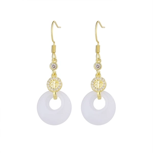Detail of gold Chinese Fu character ear hooks with white jade chalcedony and tassels
