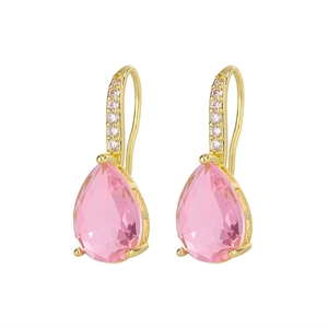 Elegant gold drop earrings with pear-cut pink stones and sparkling zircon accents