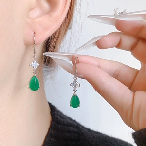 Elegant teardrop green chalcedony earrings with square cubic zirconia and silver hooks