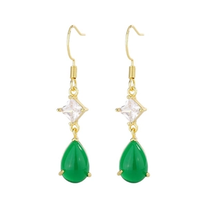 Vintage gold drop earrings with teardrop green chalcedony and square zircon stones