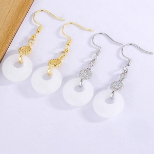 New Chinese Style Copper Drop Earrings With Faux Chalcedony Ping An Kou And Fu Character Rhinestone Vintage Jewelry