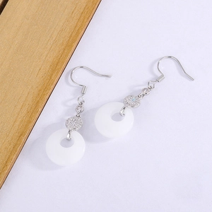 Elegant silver tassel earrings with white jade pendant and Fú character engraving