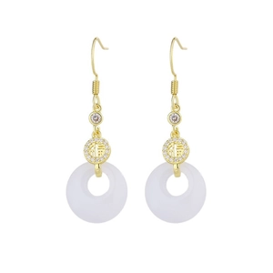 New Chinese-style gold ear hooks with Fu character white chalcedony and tassel pendants